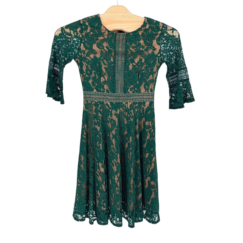 Missmay Retro Floral Lace Dress Small Green 3/4 Bell Sleeve Fit & Flare Cocktail
